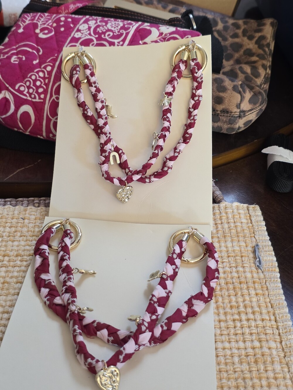 Heart Charm Braided Fabric Bracelet - Pink and White